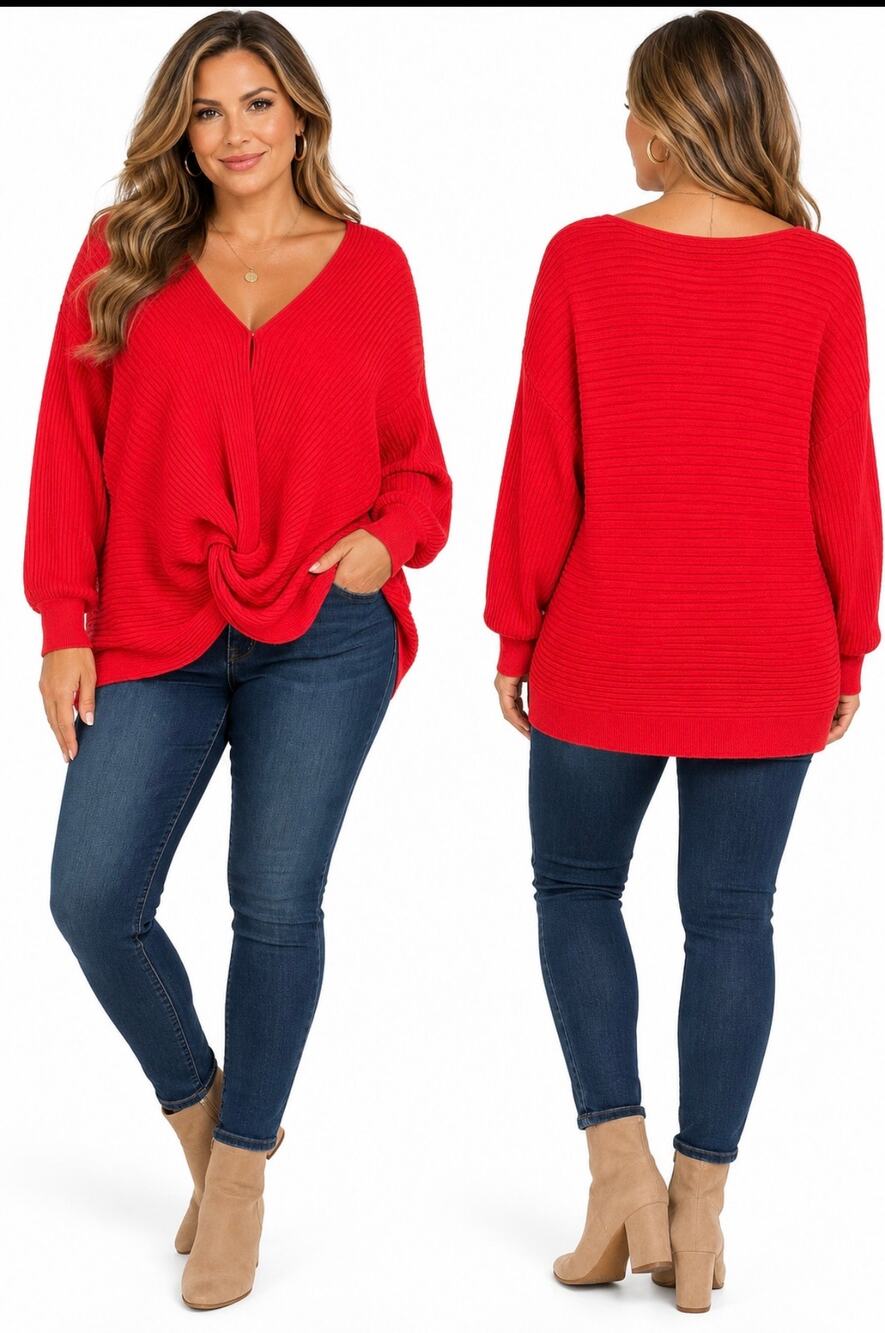 Hudson Los Angeles Red Ribbed Knit Twist Front Sweater Women’s L Dolman V Neck